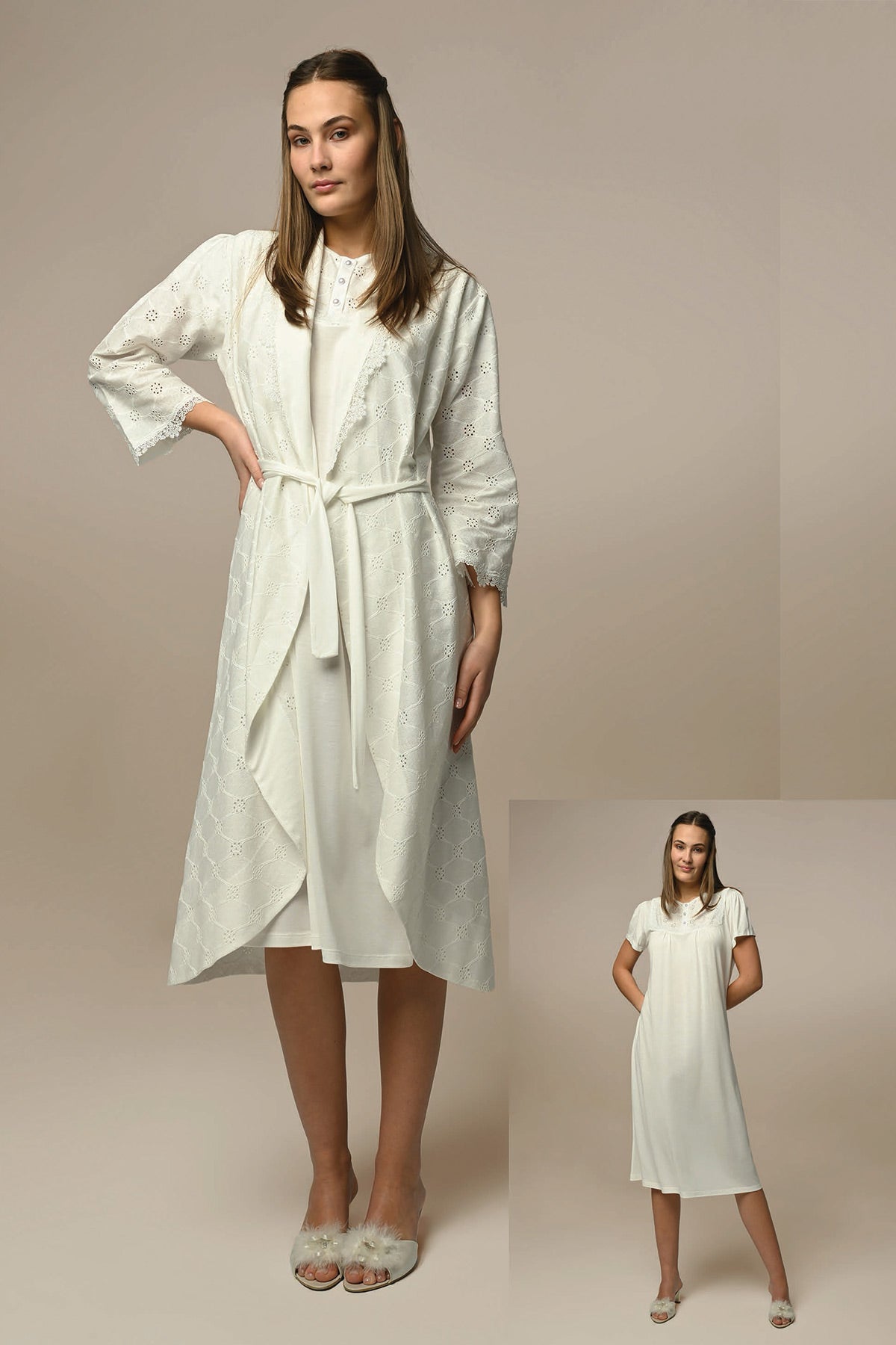 Lace Festoon Maternity & Nursing Nightgown With Robe Ecru - 24518