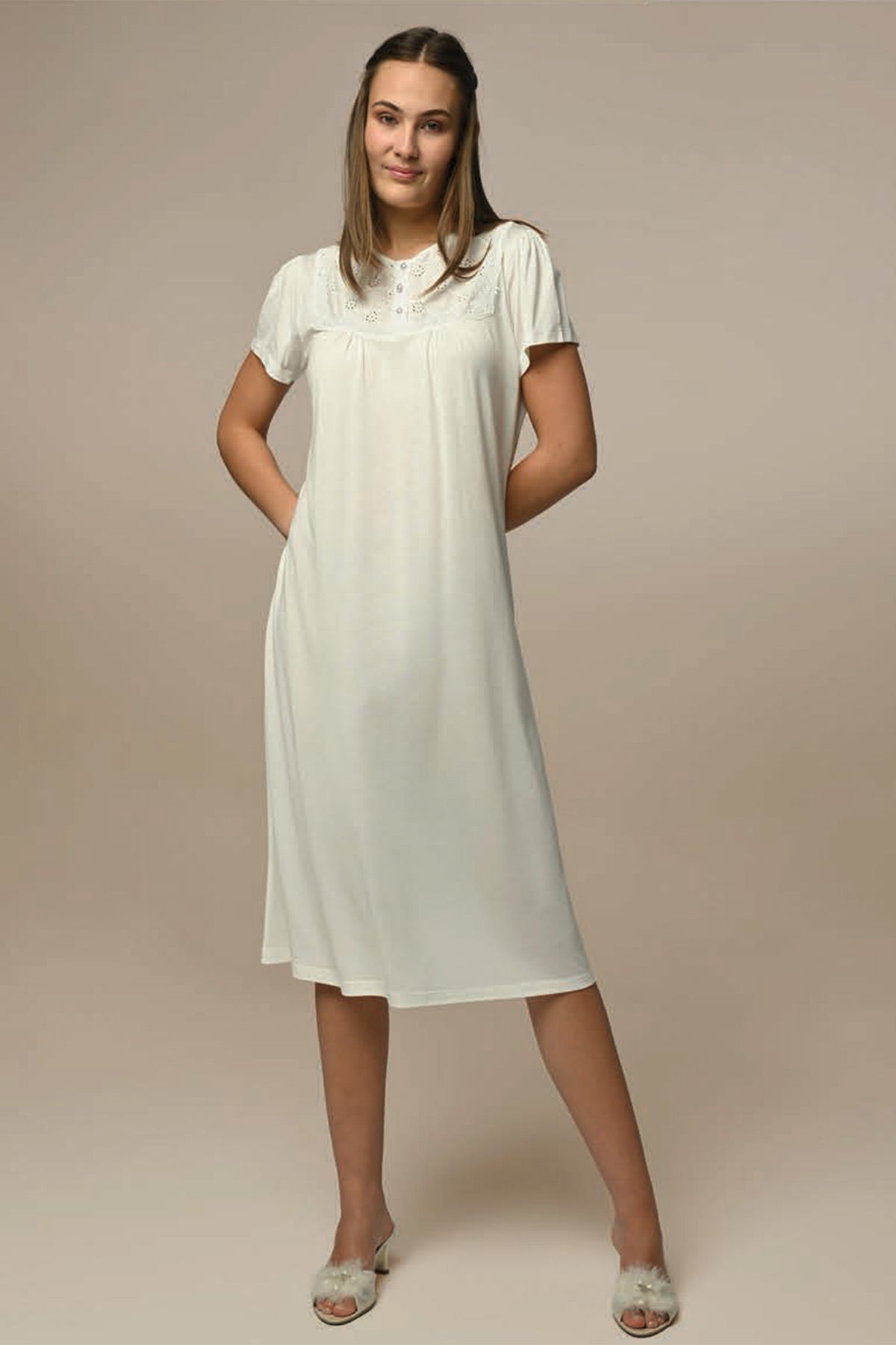 Lace Festoon Maternity & Nursing Nightgown With Robe Ecru - 24518