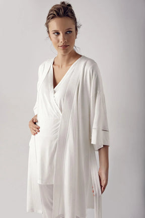 Double Breasted 3-Piece Maternity-Nursing Pajama & Robe Set Ecru - 10302