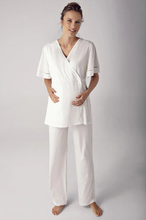 Double Breasted 3-Piece Maternity-Nursing Pajama & Robe Set Ecru - 10302