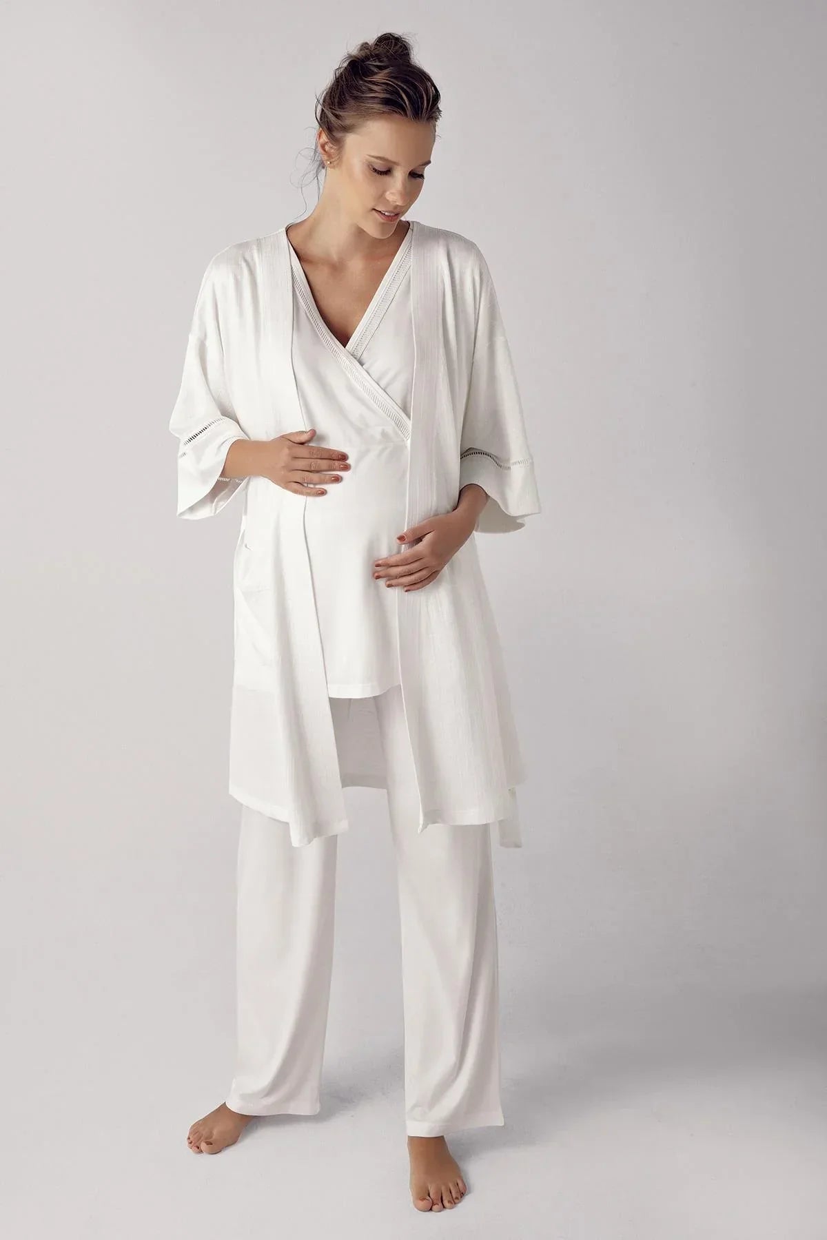 Double Breasted 3-Pieces Maternity & Nursing Pajamas With Robe Ecru - 10302