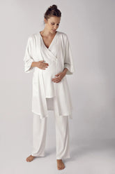 Double Breasted 3-Piece Maternity-Nursing Pajama & Robe Set Ecru - 10302