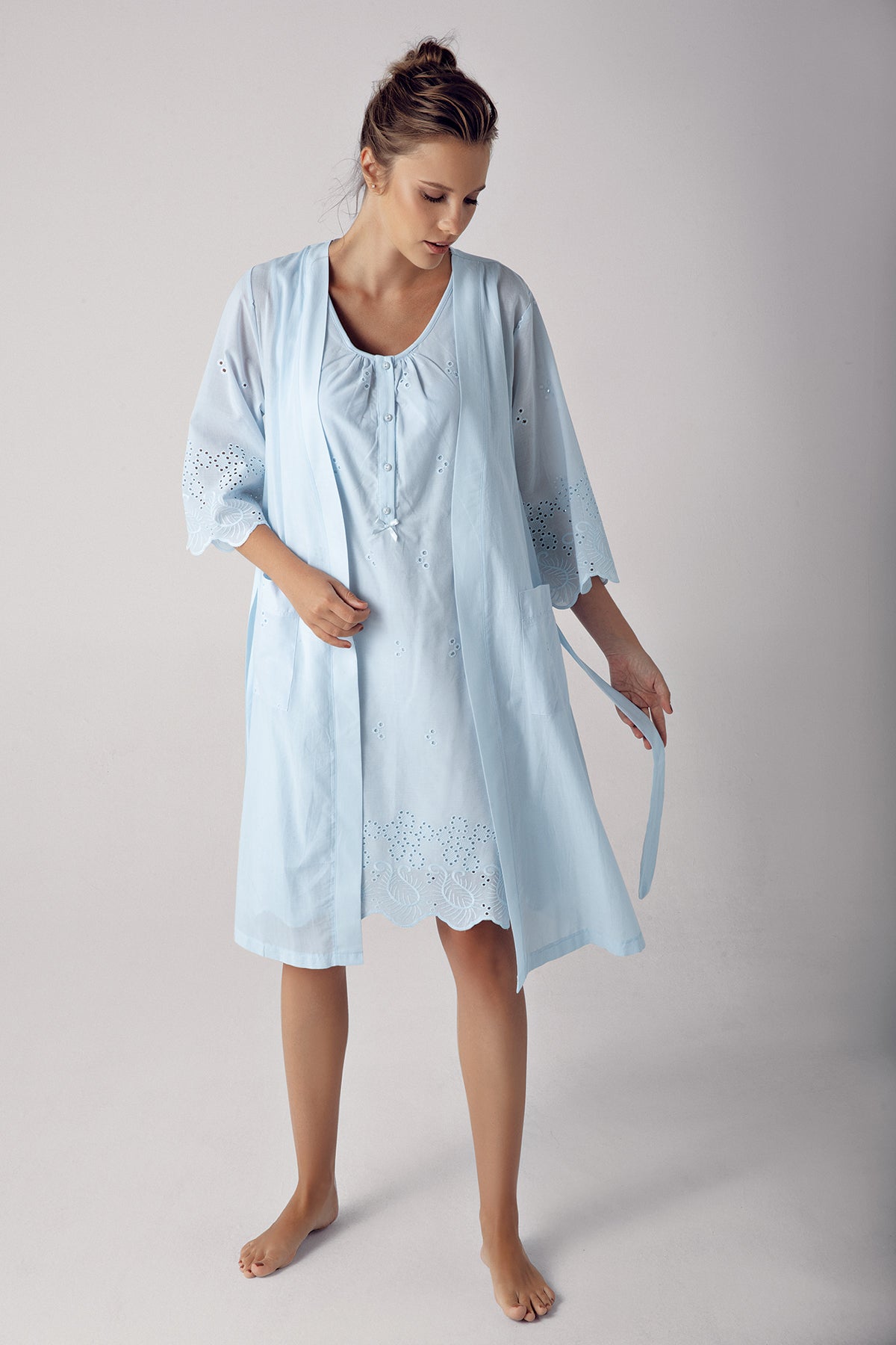 Cotton Weaving Maternity & Nursing Nightgown With Robe Blue - 10402