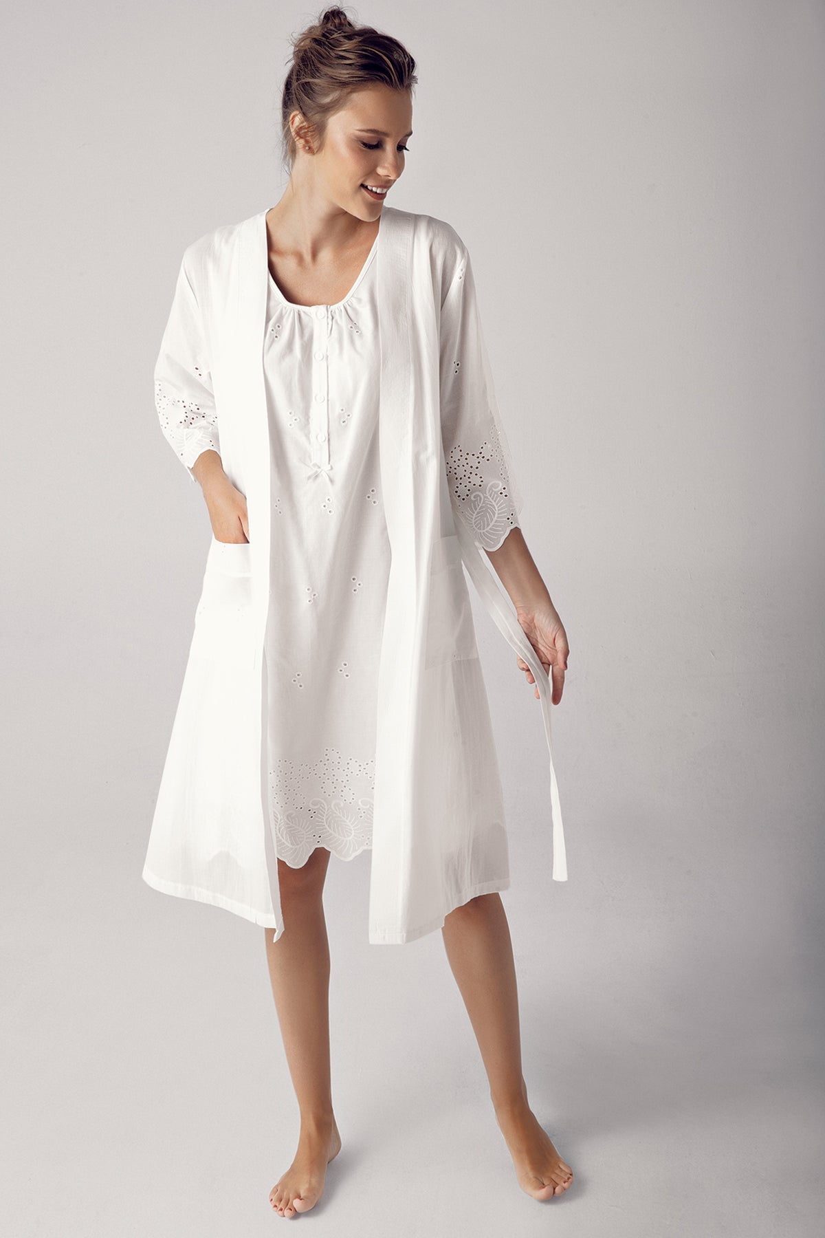 Cotton Weaving Maternity & Nursing Nightgown With Robe Ecru - 10402