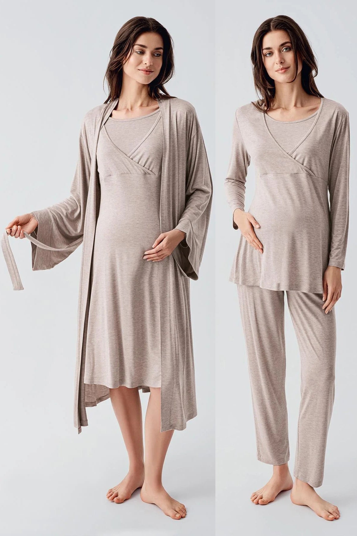 Melange Double Breasted 4 Pieces Maternity & Nursing Set Beige - 105105