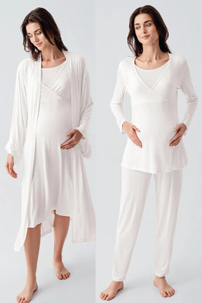 Melange Double Breasted 4 Pieces Maternity & Nursing Set Ecru - 105105