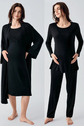 Melange Double Breasted 4 Pieces Maternity & Nursing Set Black - 105105