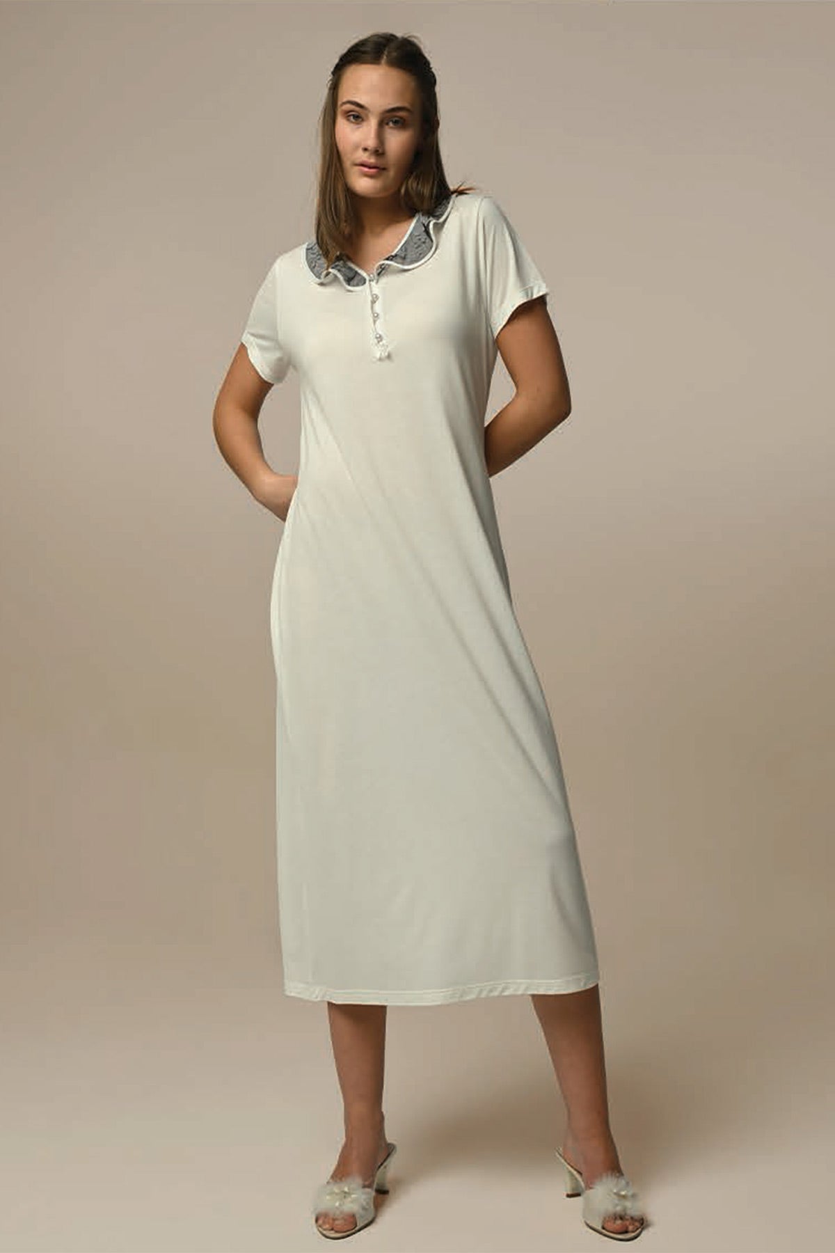 Tulle Flower Lace Maternity & Nursing Nightgown With Robe Ecru - 24520