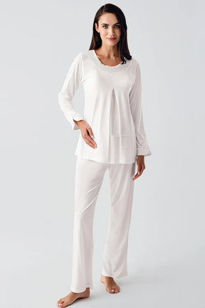 Jacquard 3-Piece Maternity-Nursing Pajama & Robe Set Ecru - 11300