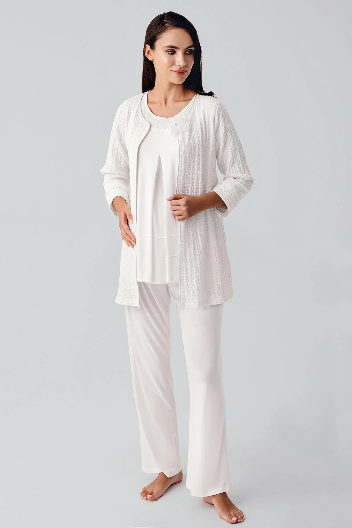 Jacquard 3-Piece Maternity-Nursing Pajama & Robe Set Ecru - 11300