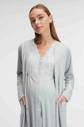 Lace Collar Maternity & Nursing Nightgown With Robe Grey - 11309