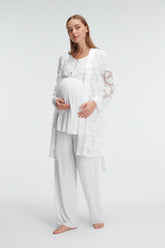 Lace 3-Pieces Maternity & Nursing Pajamas With Flower Robe Ecru - 11311