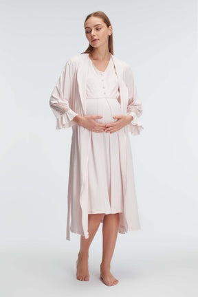 Lace Sleeve Maternity & Nursing Nightgown With Robe Ecru - 11313