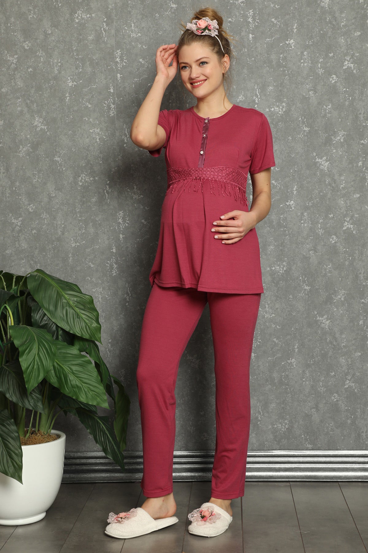 Lacy Panel Maternity & Nursing Pajamas Claret Red - 1141