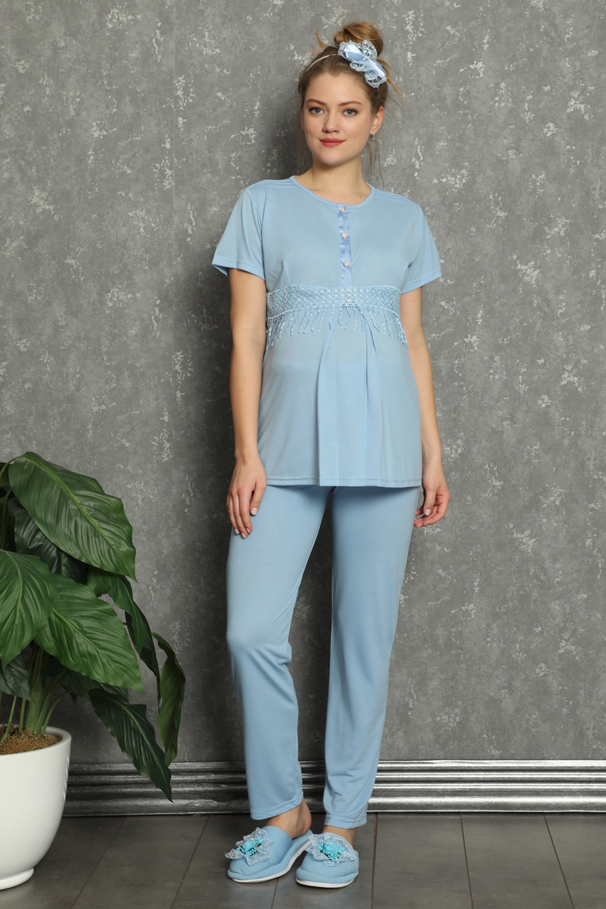 Lacy Panel Maternity & Nursing Pajamas Blue - 1141