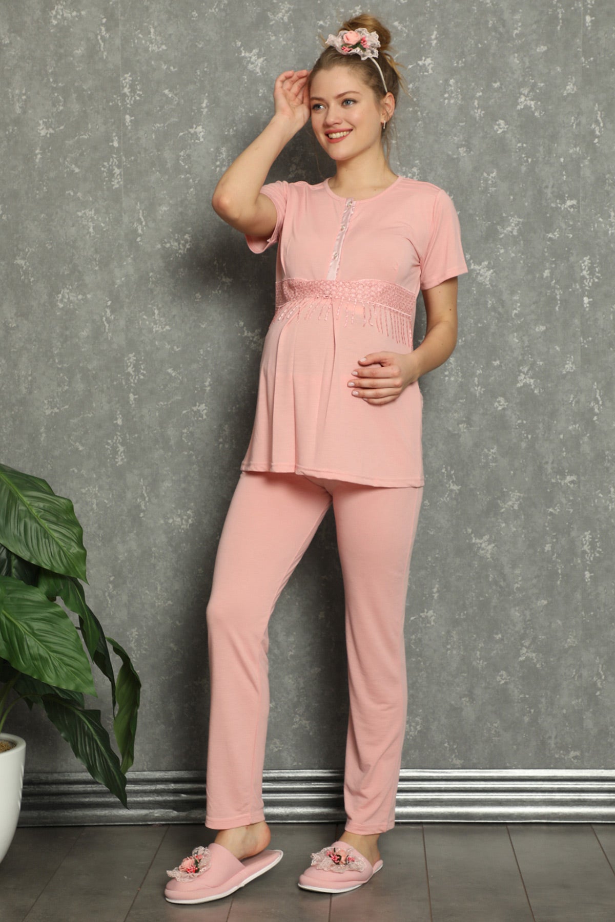 Lacy Panel Maternity & Nursing Pajamas Salmon - 1141