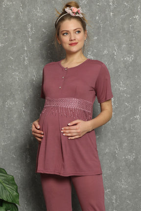 Lacy Panel Maternity & Nursing Pajamas Cherry - 1141