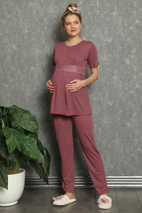 Lacy Panel Maternity & Nursing Pajamas Cherry - 1141