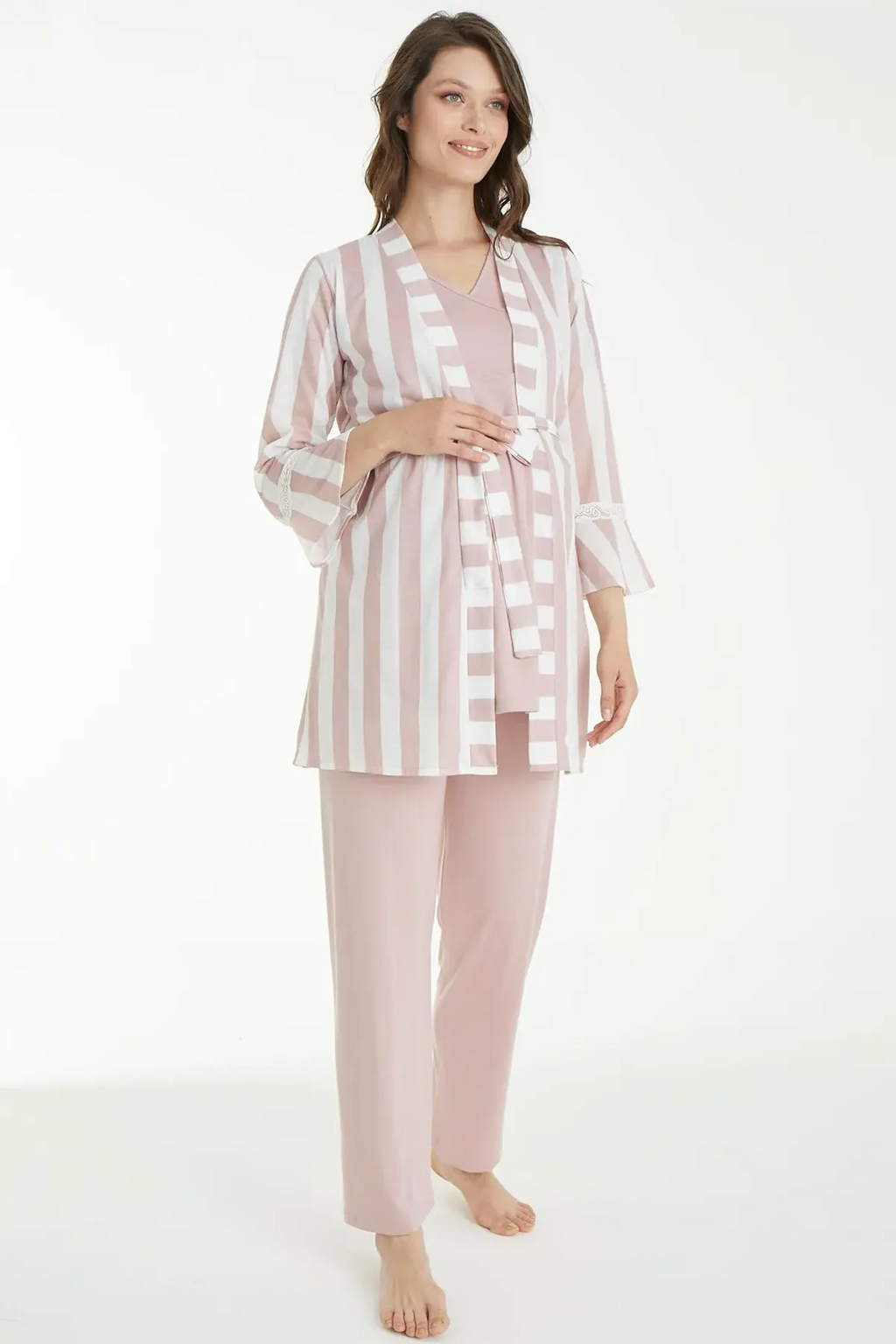 Striped Double Breasted 3 Pieces Maternity Nursing Pajamas With Robe