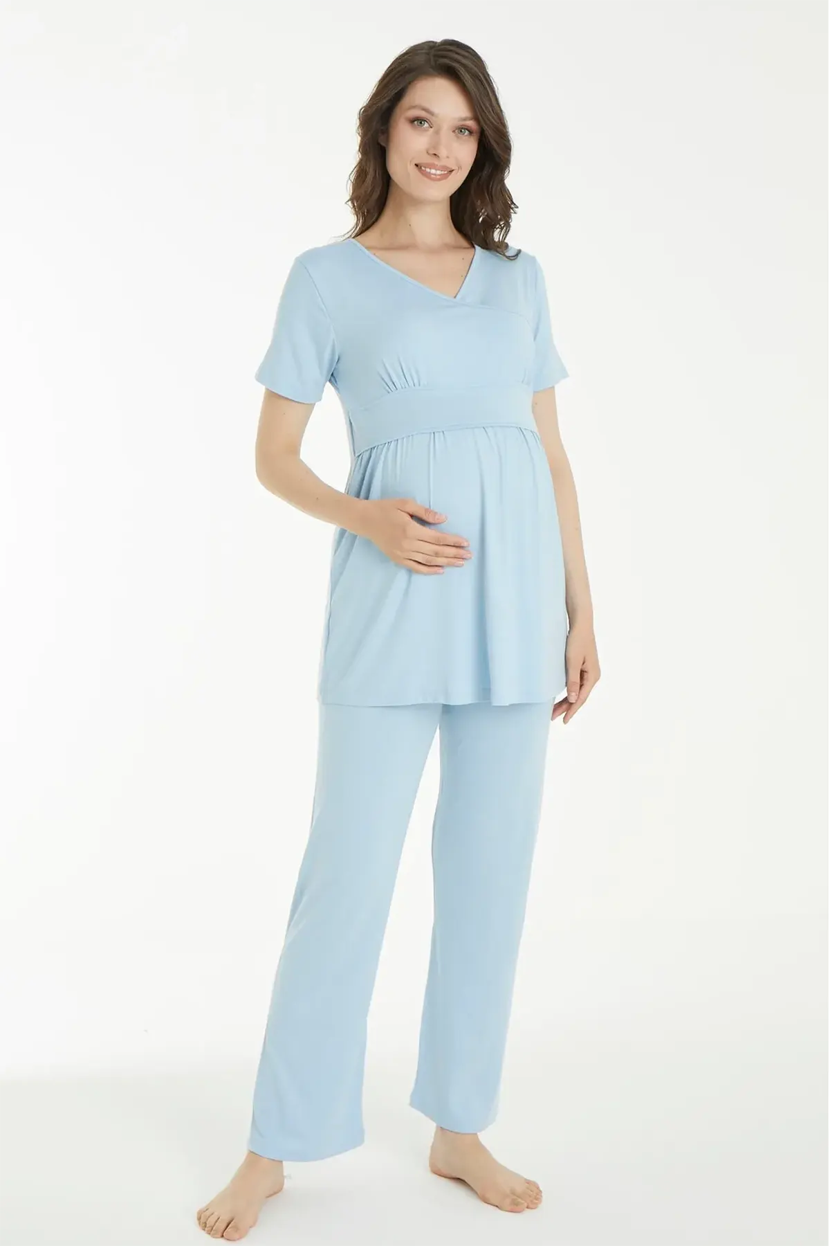 Flower Patterned 3-Pieces Maternity & Nursing Pajamas With Robe Blue - 1159