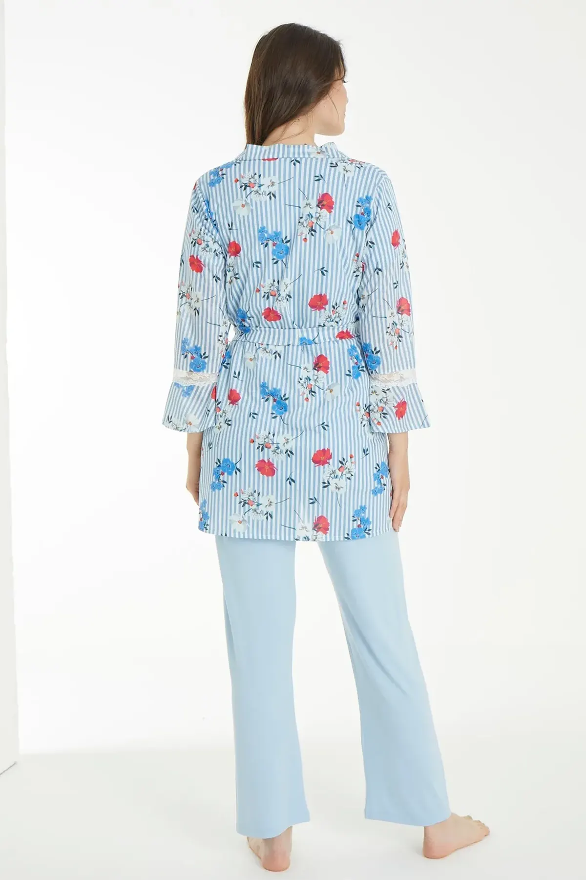 Flower Patterned 3-Pieces Maternity & Nursing Pajamas With Robe Blue - 1159