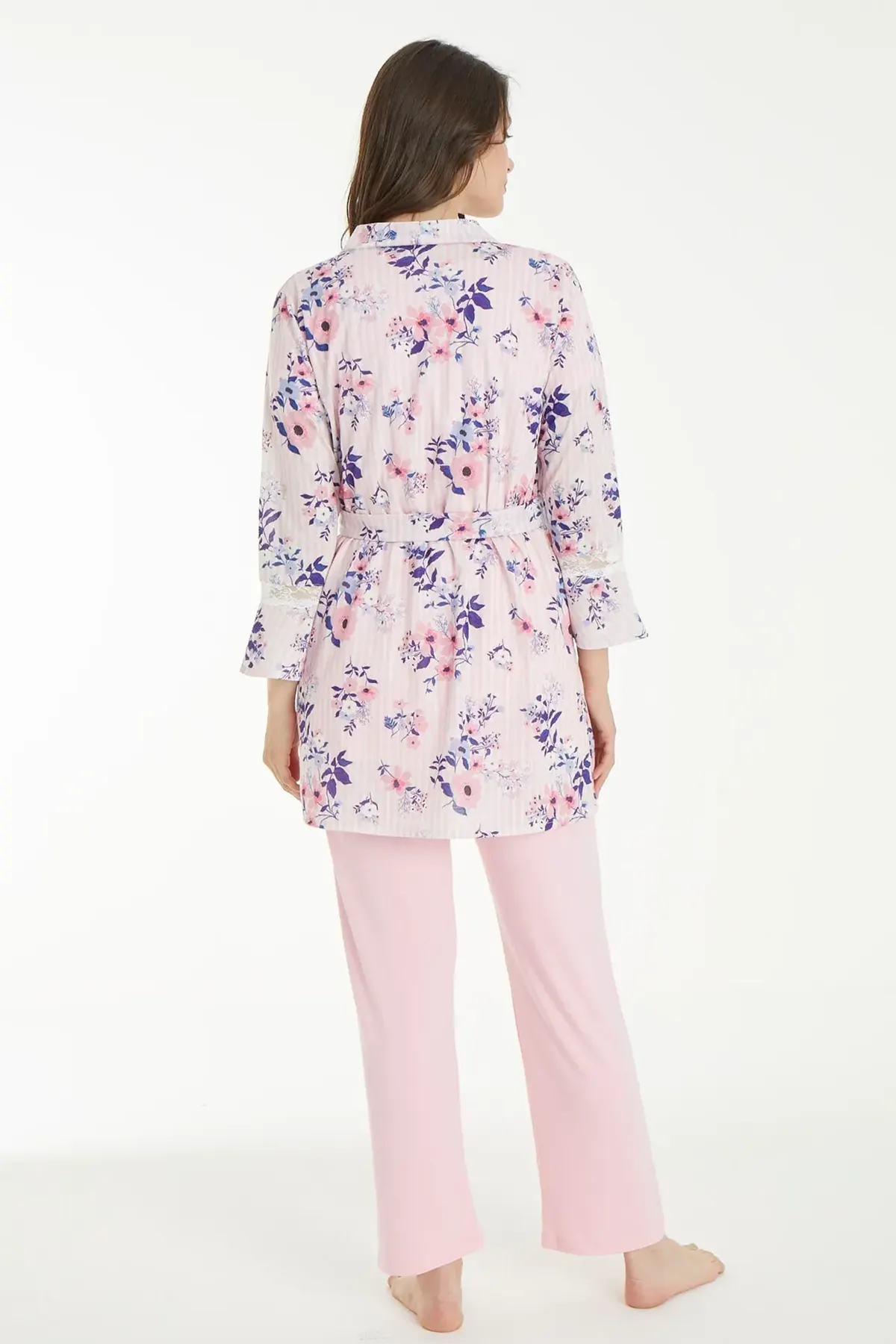 Flower Patterned 3-Pieces Maternity & Nursing Pajamas With Robe Pink - 1159