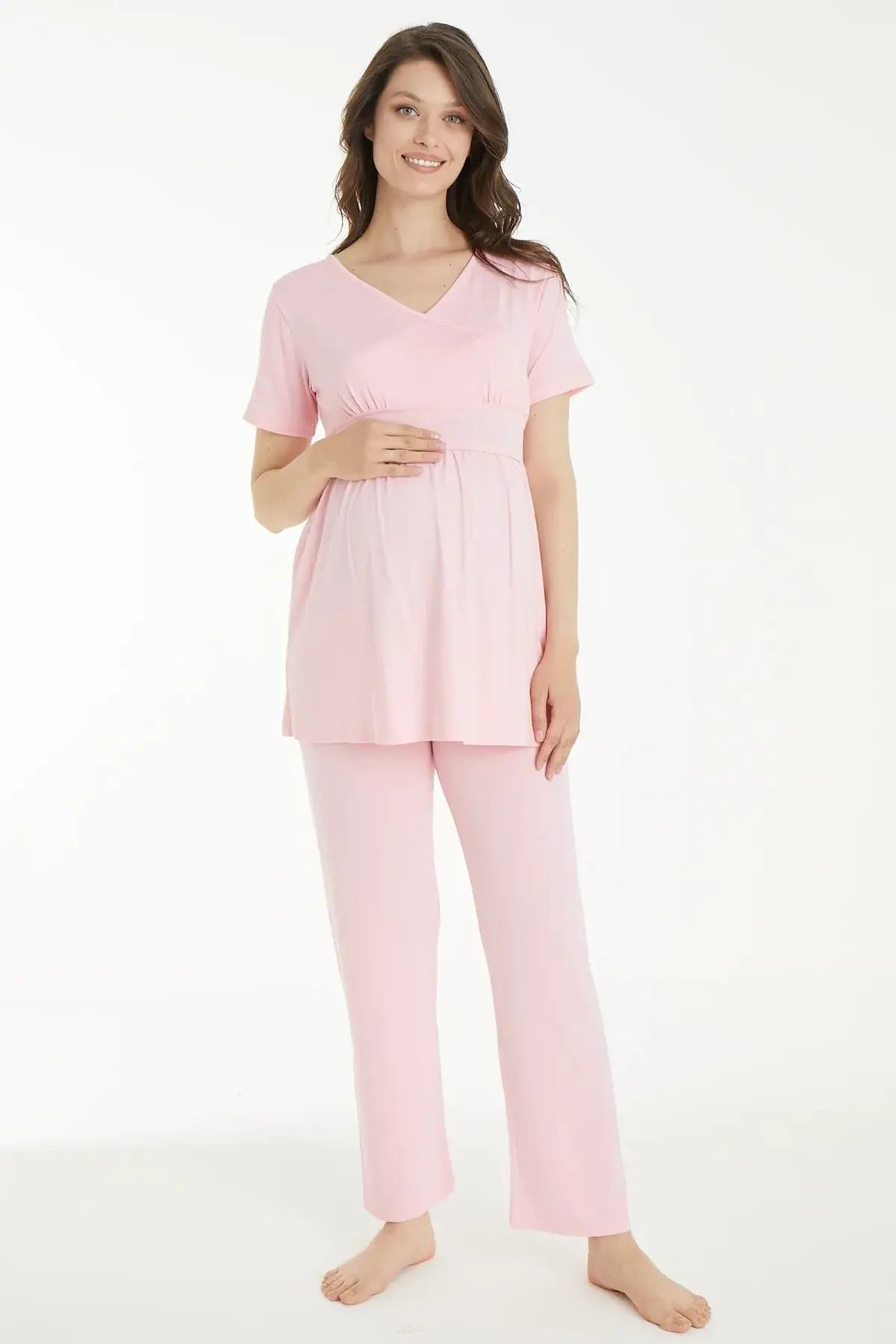 Flower Patterned 3-Pieces Maternity & Nursing Pajamas With Robe Pink - 1159