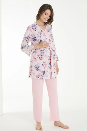 Flower Patterned 3-Pieces Maternity & Nursing Pajamas With Robe Pink - 1159