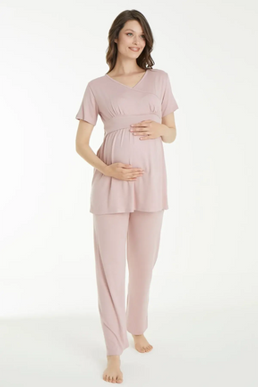 Flower Patterned 3-Pieces Maternity & Nursing Pajamas With Robe Powder - 1159