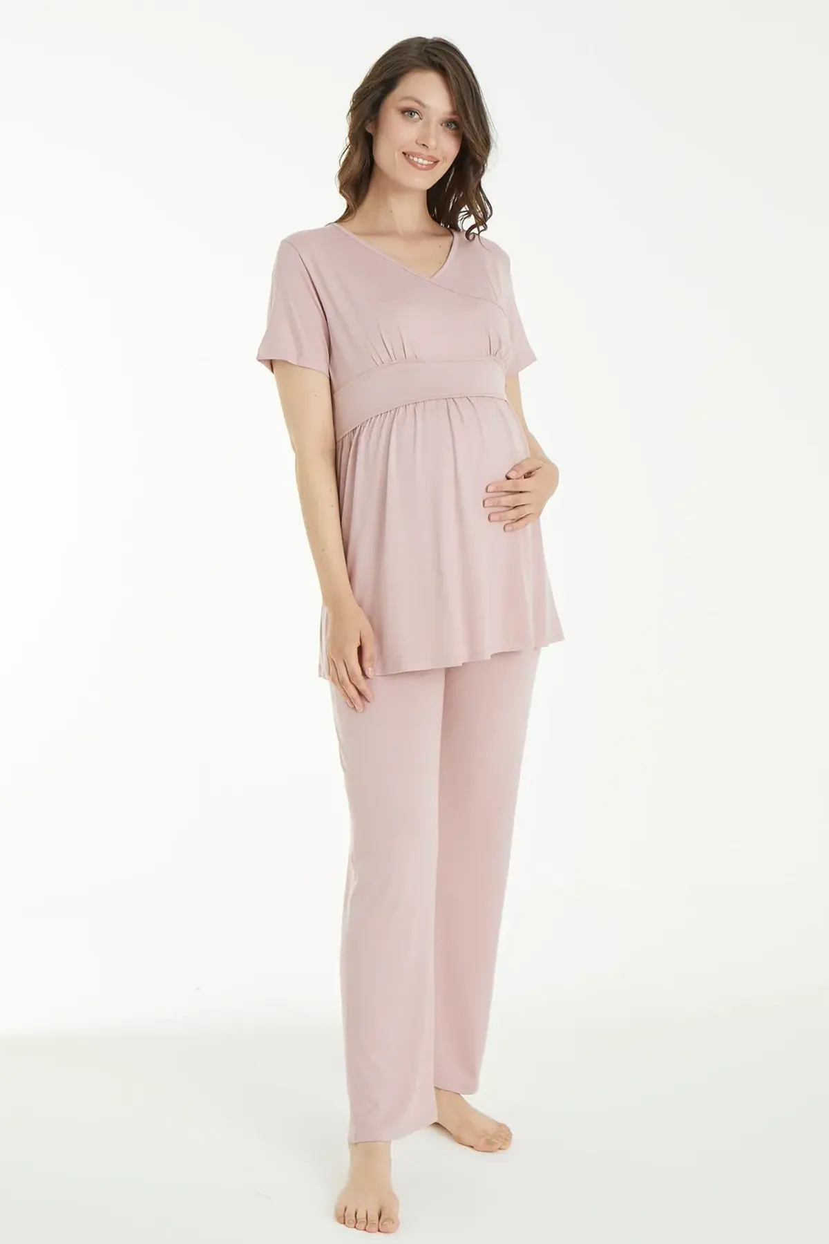 Flower Patterned 3-Pieces Maternity & Nursing Pajamas With Robe Powder - 1159