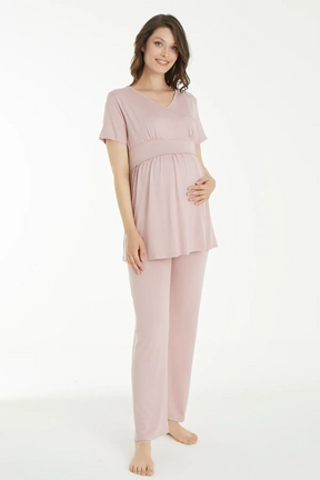 Flower Patterned 3-Pieces Maternity & Nursing Pajamas With Robe Powder - 1159