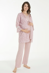 Flower Patterned 3-Pieces Maternity & Nursing Pajamas With Robe Powder - 1159