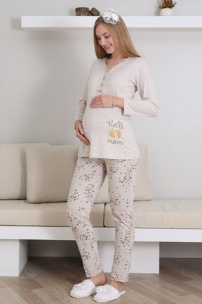 Hello Mom Themed Maternity & Nursing Pajamas Ecru - 1172