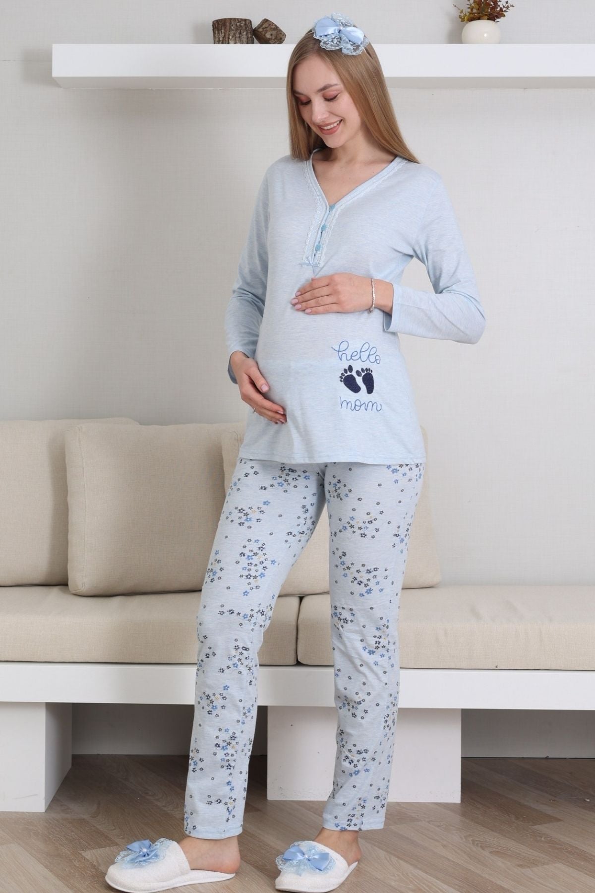 Hello Mom Themed Maternity & Nursing Pajamas Blue - 1172