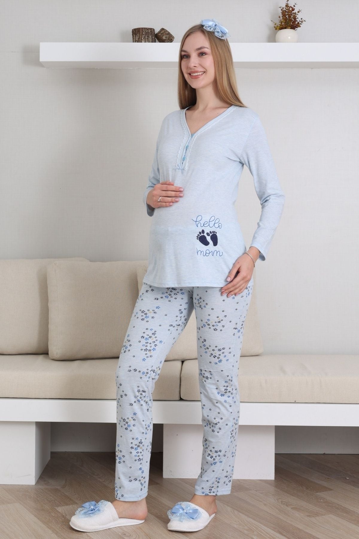 Hello Mom Themed Maternity & Nursing Pajamas Blue - 1172