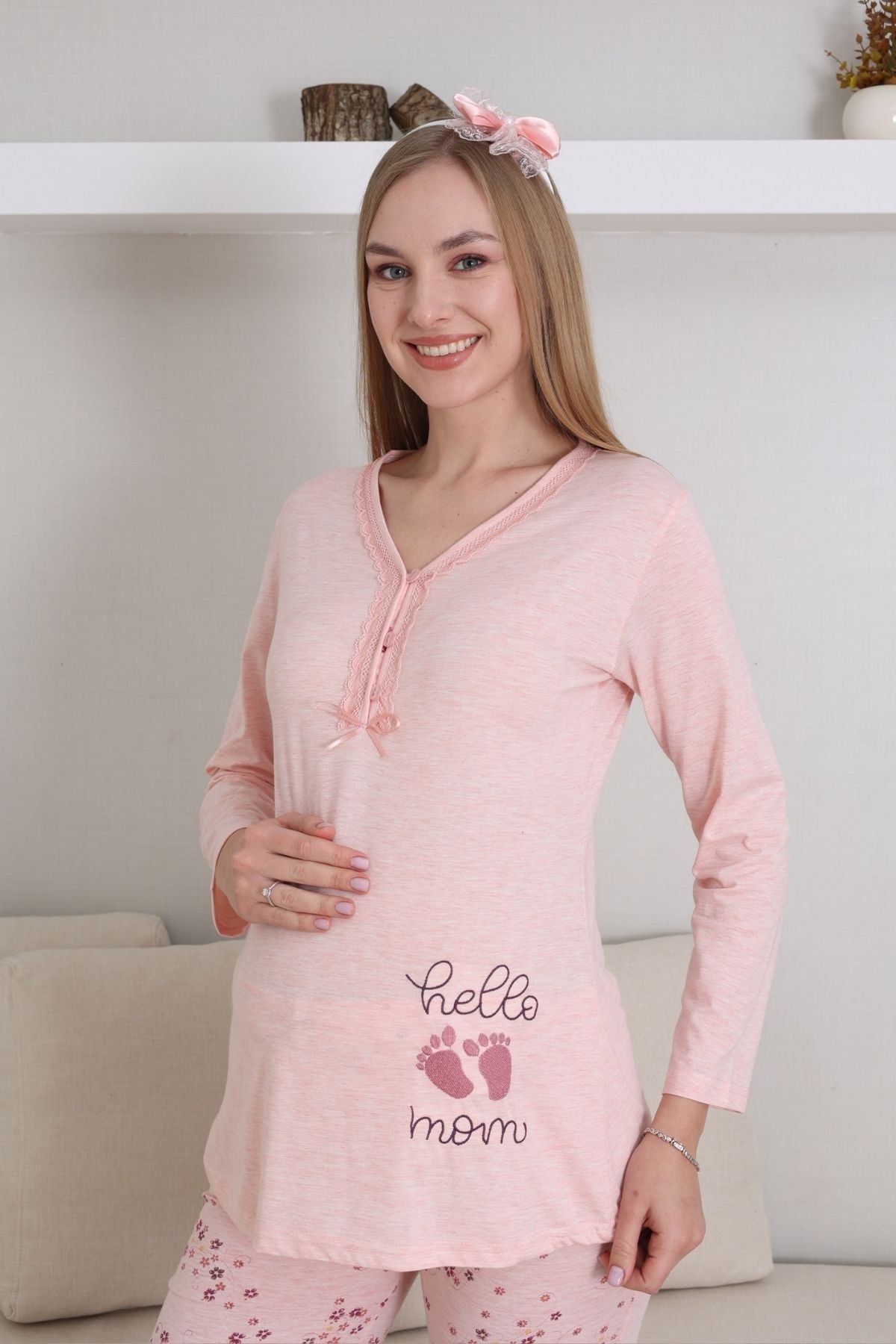 Hello Mom Themed Maternity & Nursing Pajamas Salmon - 1172