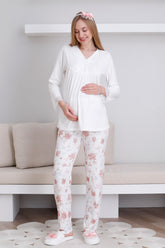 Lace Collar Maternity & Nursing Pajama Set Ecru - 1173