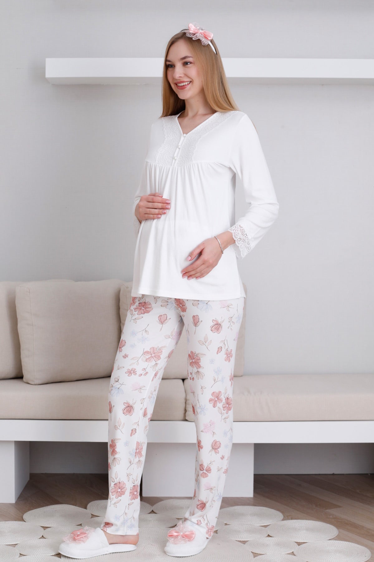 Lace Collar Maternity & Nursing Pajama Set Ecru - 1173