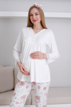 Lace Collar Maternity & Nursing Pajama Set Ecru - 1173