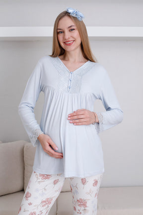 Lace Collar Maternity & Nursing Pajama Set Blue - 1173