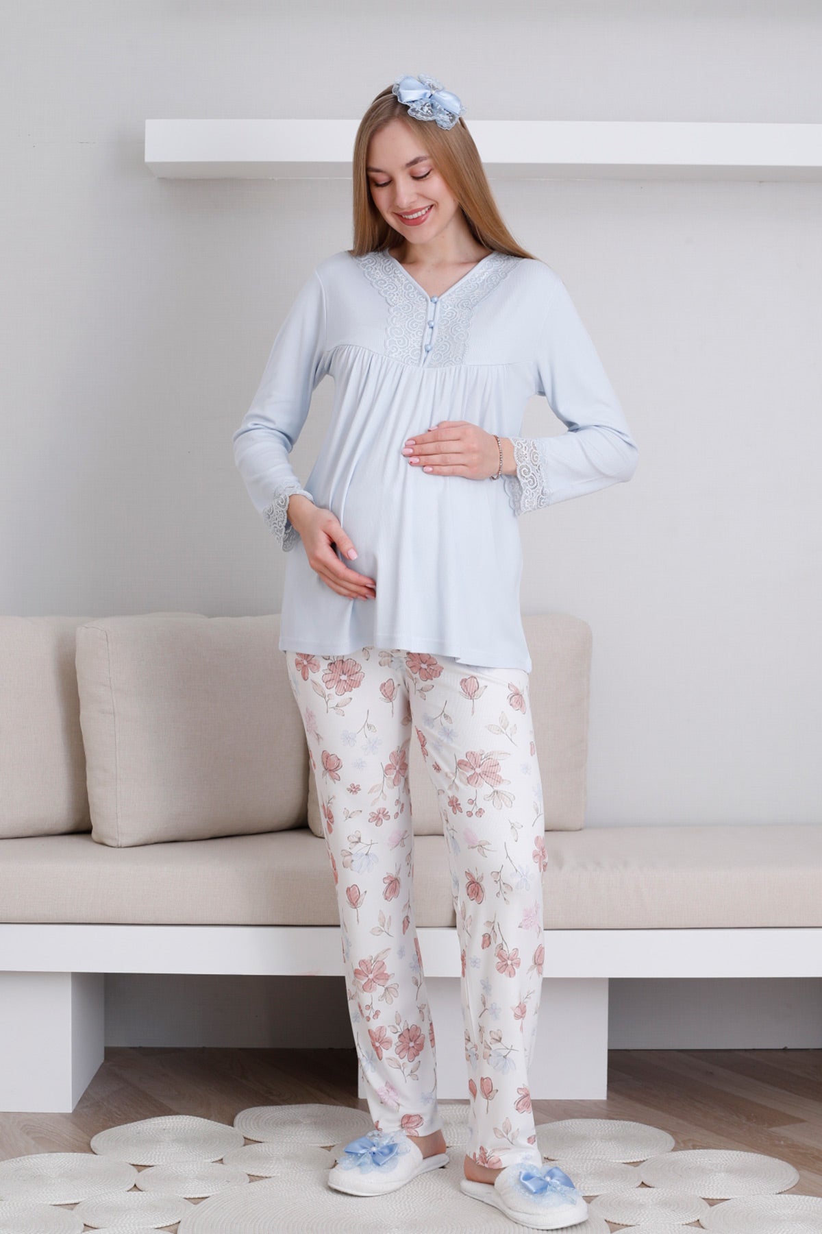 Lace Collar Maternity & Nursing Pajama Set Blue - 1173