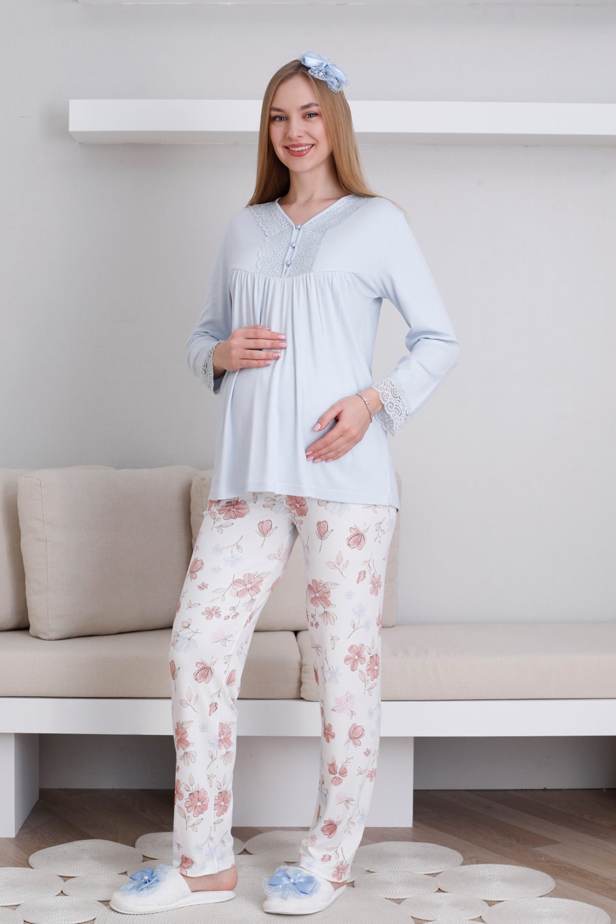 Lace Collar Maternity & Nursing Pajama Set Blue - 1173