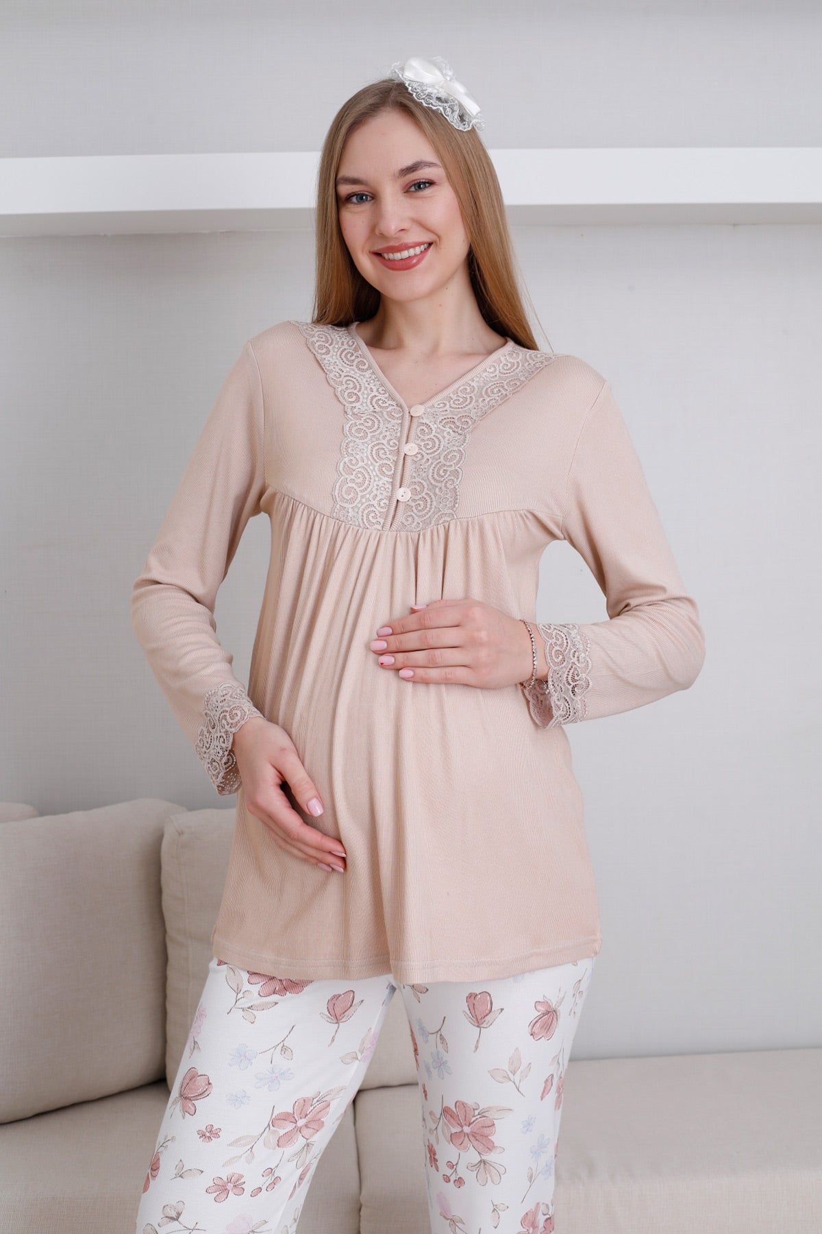 Lace Collar Maternity & Nursing Pajama Set Mink - 1173