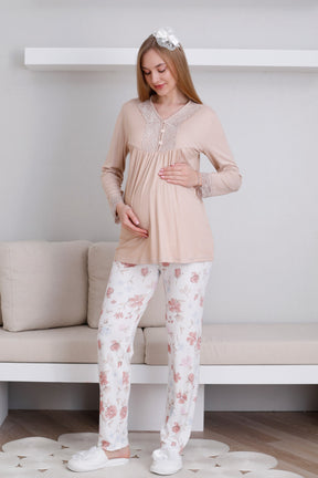 Lace Collar Maternity & Nursing Pajama Set Mink - 1173