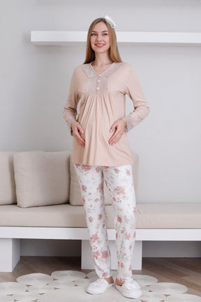 Lace Collar Maternity & Nursing Pajama Set Mink - 1173