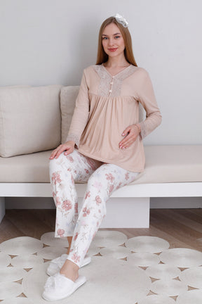 Lace Collar Maternity & Nursing Pajama Set Mink - 1173