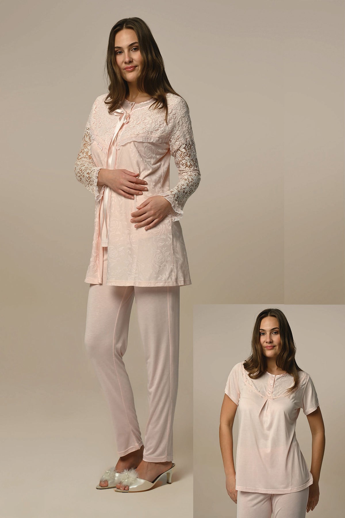 Flower Lace Detailed 3-Pieces Maternity & Nursing Pajamas With Robe Ecru - 23330