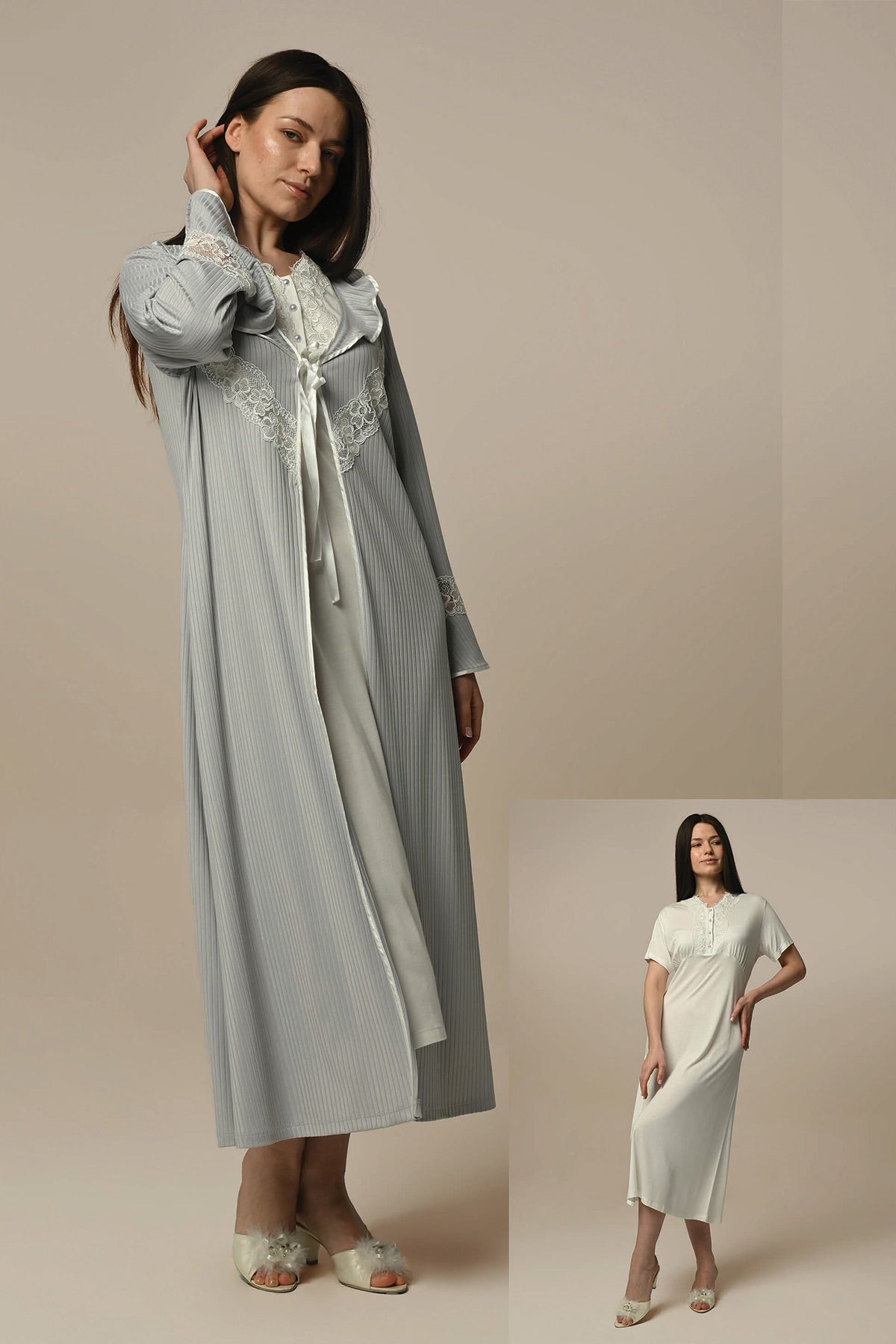 Lace Detailed Maternity & Nursing Nightgown With Robe Ecru - 24507