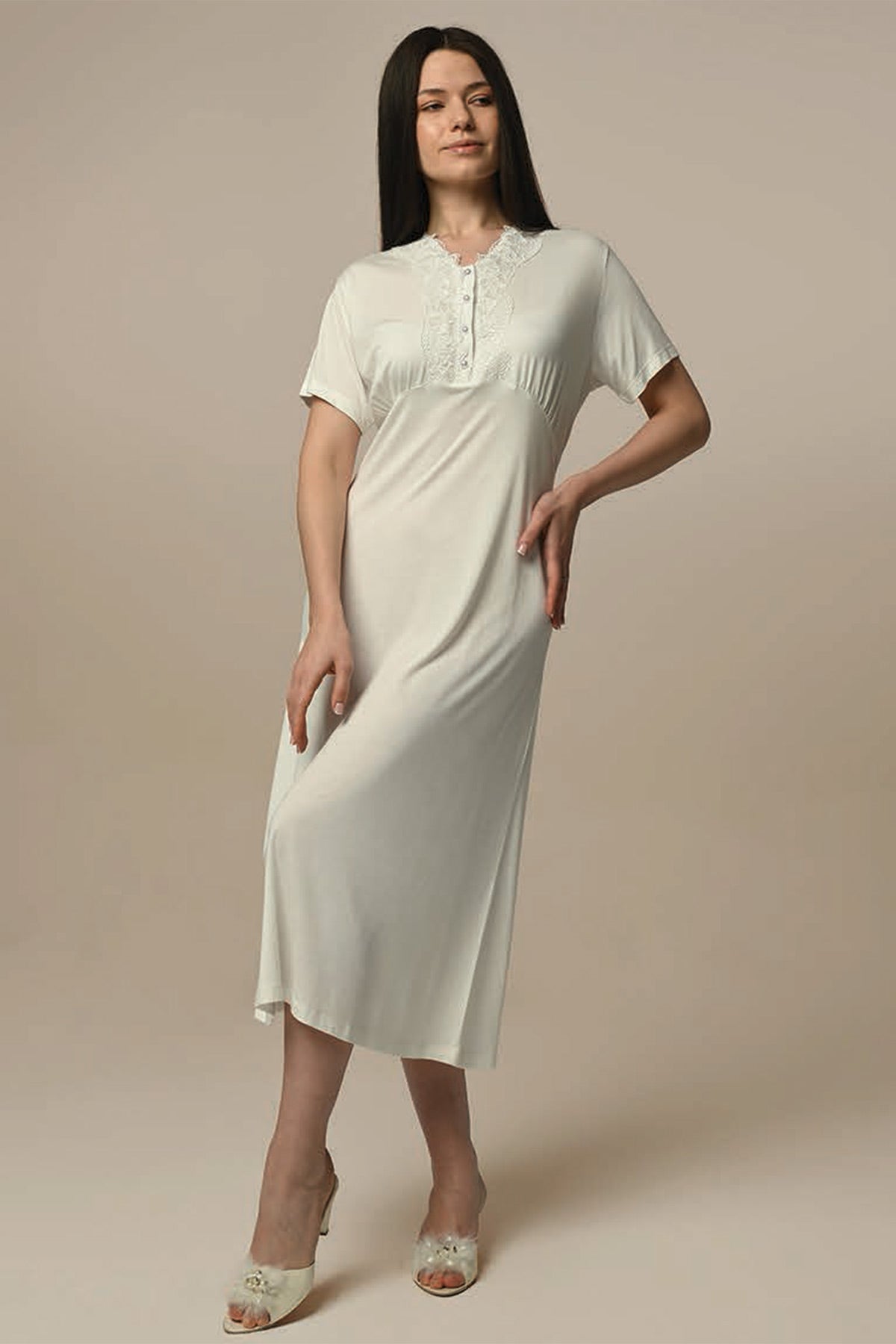 Lace Detailed Maternity & Nursing Nightgown With Robe Ecru - 24507