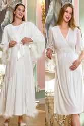 Lace Sleeve Maternity & Nursing Nightgown With Otrish Robe Ecru - 122127